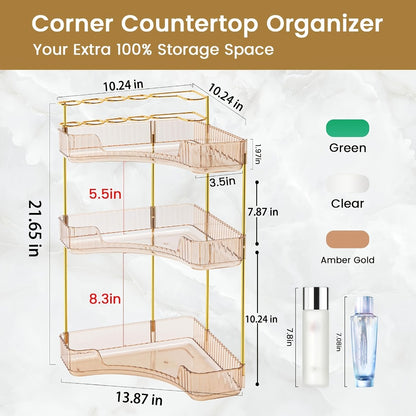 Bathroom Counter Organizer 2-in-1 Corner Shelf 2-Tier 3-Tier Space-Saving Makeup Skincare Storage with Brush Holder No-Tool Install Portable Vanity Dresser Kitchen