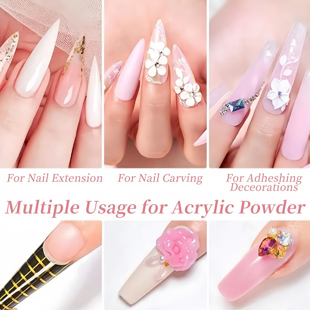 Set of 6 Acrylic Powders in Nude, Pink, And White, Featuring a High-Gloss End. Ideal for Nail Art, This Kit Includes 6 Colors for 3D Nail Sculptures, French Nail Extensions, And Carving. A Professional Polymer Acrylic Nail Art Kit