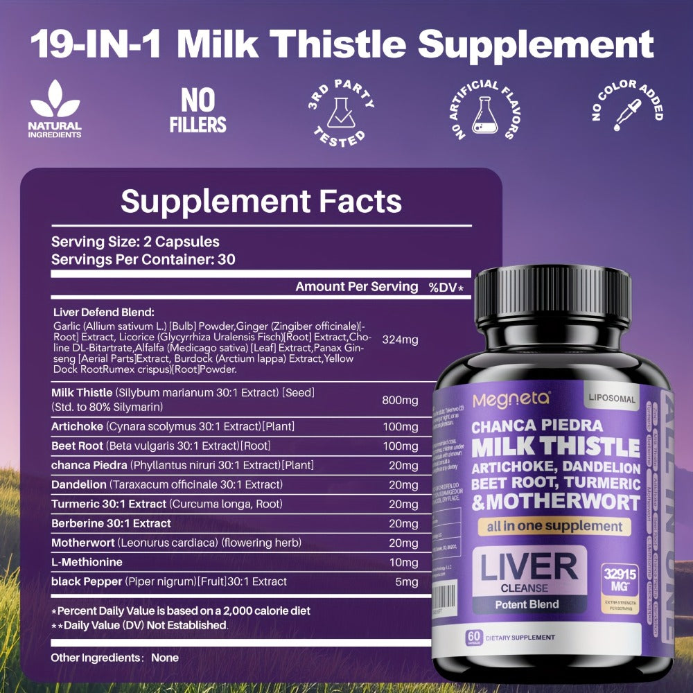 Megenta Liver Wellness | 24, 000MG of Milk Thistle, Turmeric, And Dandelion Root | Herbal Components for | 60 Capsules, 30 Servings