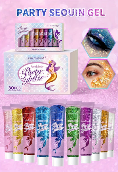 Glitter Gel Face Body Makeup Set 10 Colors Cosmetic Grade Holographic - Festival Rave Cosplay Anime Party Safe Skin Easy Apply & Remove