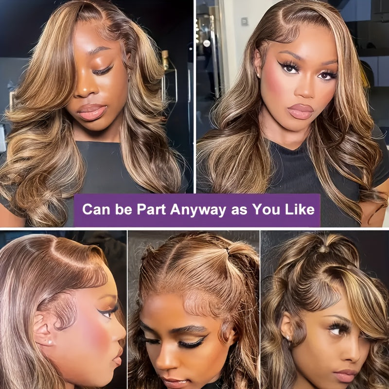 Honey Blonde Ombre Body Wave Lace Front Wig - 13x4 HD Human Hair Bob Wig for Women, Pre-Plucked Brazilian Human Hair with Baby Hair, Highlighted Gradient Color Transition, Loose Waves Hair Wig Perfect for Beginners
