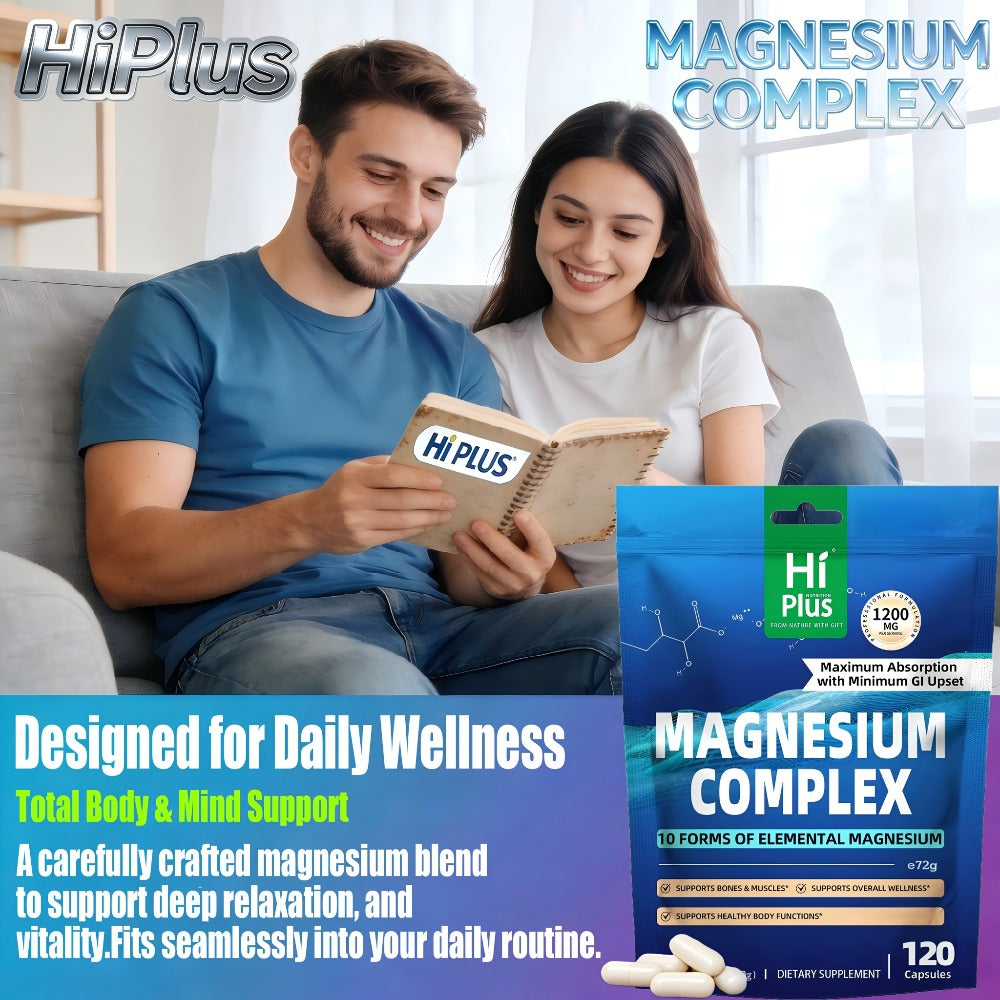 10-in-1 Magnesium Glycinate Complex (1200mg) - Full Spectrum High Absorption Blend - Supports Deep Sleep, Calm - Heart, Bone & Nerve Health - Gentle On Stomach - Vegan Supplement (120 Caps) By HiPlus