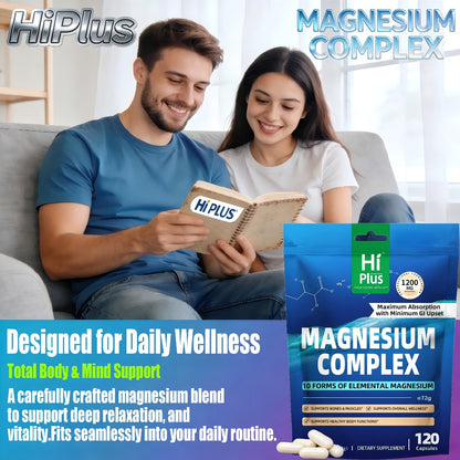 Magnesium Glycinate Complex 1200mg 10-in-1 Full Spectrum | High Absorption Blend for Deep Sleep Calm Heart Bone & Nerve Health | Gentle on Stomach Vegan 120 Capsules