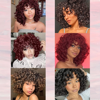 Kinky Curly Afro Wig with Bangs 14 Inch Synthetic Hair Wig for Black Women Ombre 2 Tone Black Brown Golden Natural Volume Daily Wear Hair Replacement Wig