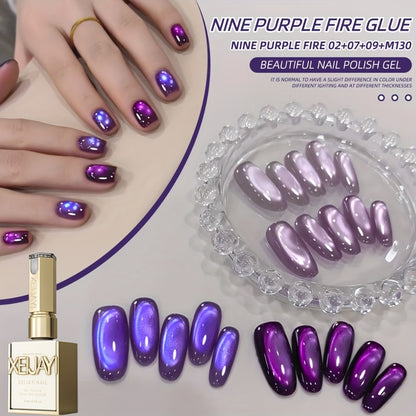 Cat Eye Gel Nail Polish Set 4pcs Super Bright Purple Iridescent Glass Bead Effect UV LED Soak Off Gel Polish Nine Purple Fire Series Nail Art Kit for Women Salon Home Manicure Aurora Shimmer