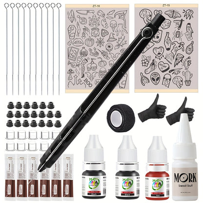 DIY Tattoo Supplies Kit for Beginners - A4 Transfer Paper with Patterns Stylus Ink Pen Needles Black Red Ink Transfer Gel No Electricity No Drawing Required