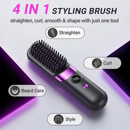 Hair Straightener Brush Ionic USB-C Rechargeable 3-in-1 Straightener Curler Styler – Adjustable Temperature, Anti-Scald, Frizz Control & Shine, Salon Results at Home