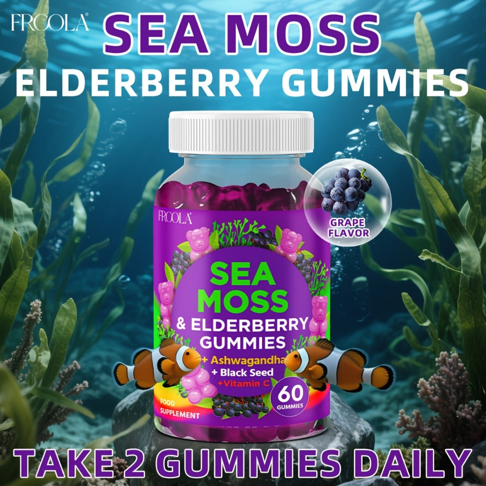 Sea Moss Gummies, with Turmeric, Ashwagandha, Sea Moss, Black Seed Oil, Ashwagandha, Ginger, Shilajit Gummies with Elderberry, Advanced Seamoss Vitamin Multi Mineral Complex Supplement Gummis for Energy, Immune- 60 Count