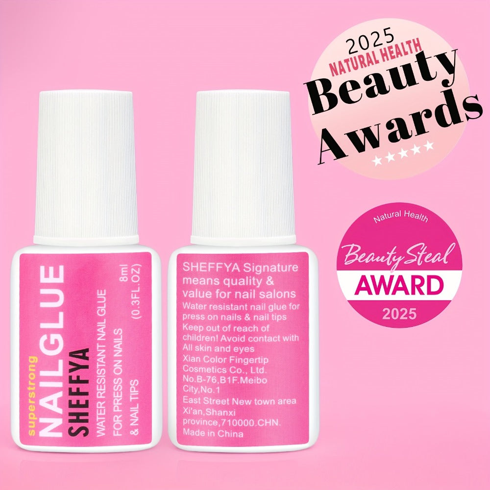 SHEFFYASuper Strong Nail Glue for Press On Nails, Nail Tips & Acrylic Nails (0.27oz) Brush On Glue for Press Ons, Tips & Acrylics - Long Lasting, Maximum Strength, Mess-Free Application