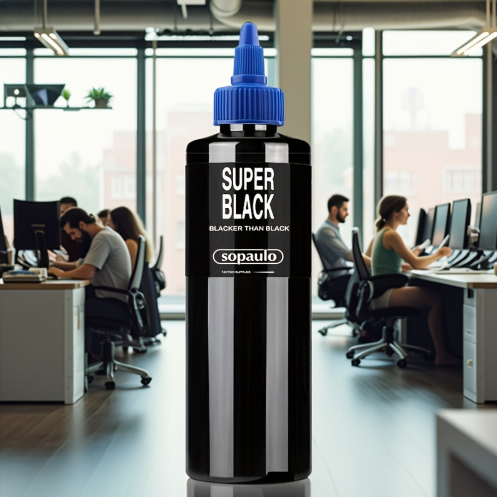 Super Black Tattoo Ink, 8oz - Ultra Dark Liquid Body Paint with Intense Black Color Tone, Enhanced with Large Particles for Lasting Effect
