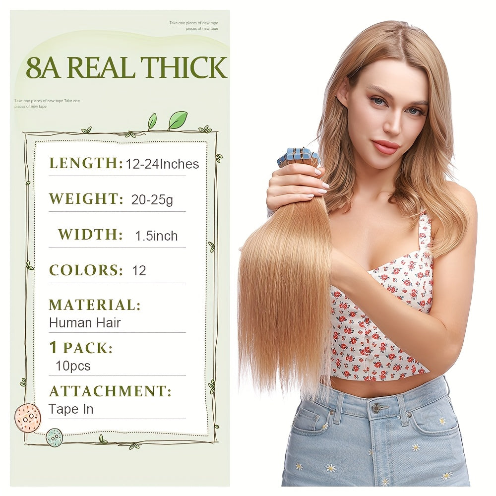 10pcs (10pcs Each) Brazilian Remy Human Hair Tape-In Extensions - Natural Straight Hair 12" 14" 16" 18" 20" 22" 24" Lengths, Invisible Tape-In Weft, 100% for Men &, Blonde/Brown/Blonde Ombre Highlights (Seamless Blending
