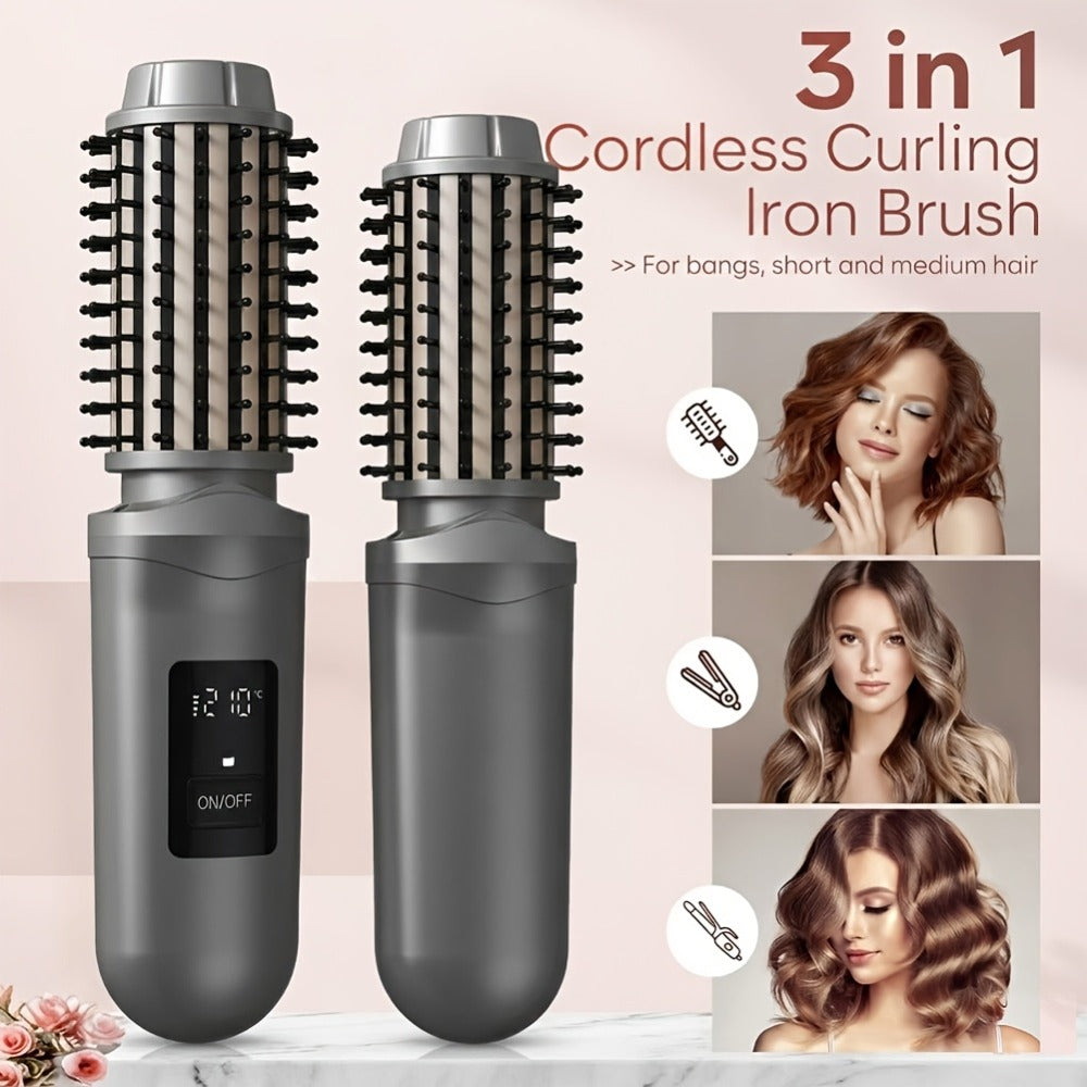 Cordless Hair Curler And Straightener Brush, Wireless Hair Curler, Wireless Curling Brush for Women, Rechargeable 2-In-1 Styling Tool with LED Display