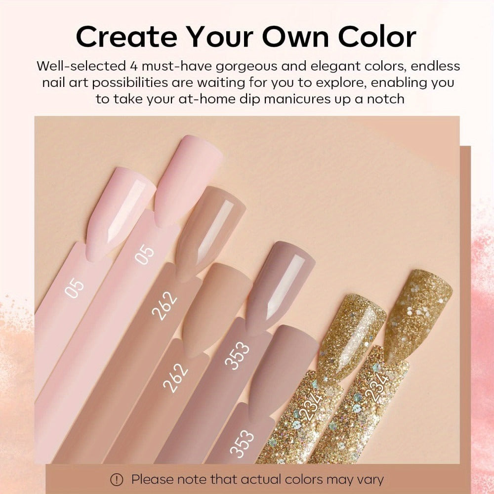 Dip Powder Nail Kit 11pcs Starter Set - 4 Colors Nude Skin Tones Golden Glitter Acrylic Dipping Powder with Base Coat Top Coat Activator French Nail Art Manicure Gift Set