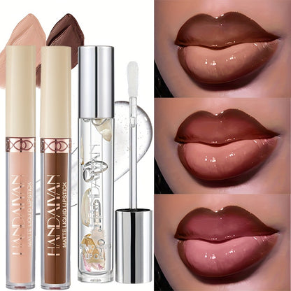 Lip Gloss Set 3pcs - Matte Lip Gloss, Lip Oil & Lip Liner Combo, Waterproof Long-Lasting Non-Sticky Velvet Finish, Mixed Shades for Party Festival Halloween Christmas Daily Makeup
