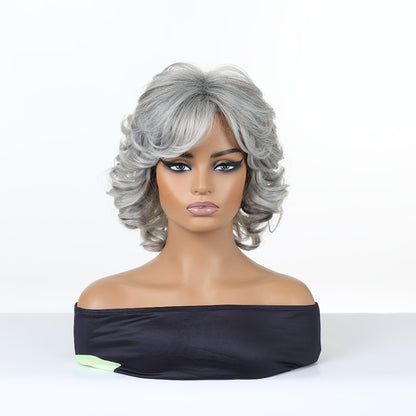 Gray Curly Wig with Bangs for Women — 12 Inch Short Synthetic Silver Grey Hair, Rose Net Cap, Heat Resistant Fiber, Cosplay Halloween Party & Daily Wear, All Occasions