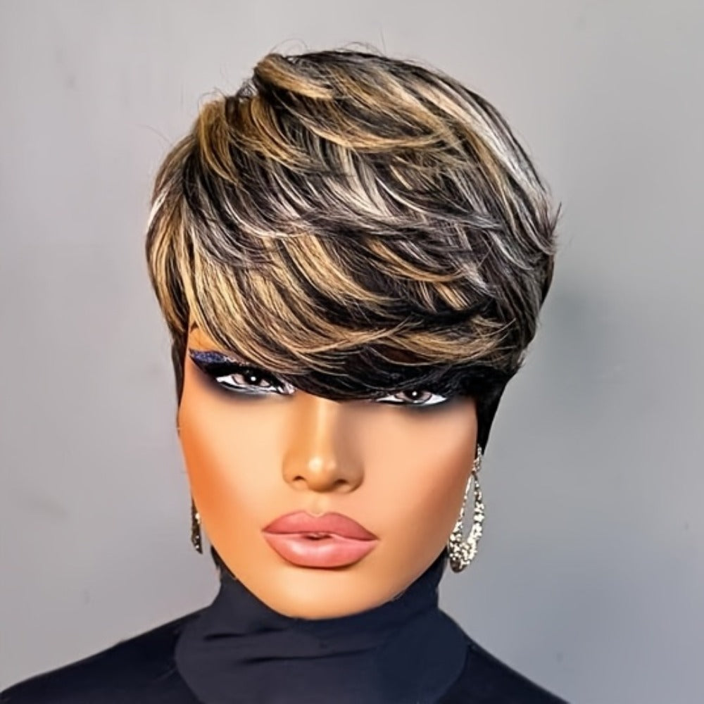 Short Pixie Cut Wig with Bangs Black & Blonde — Layered Style, Brown Blonde Mix, Rose Net Cap, Synthetic Wig for Black Women, 4 Inch Daily Wear