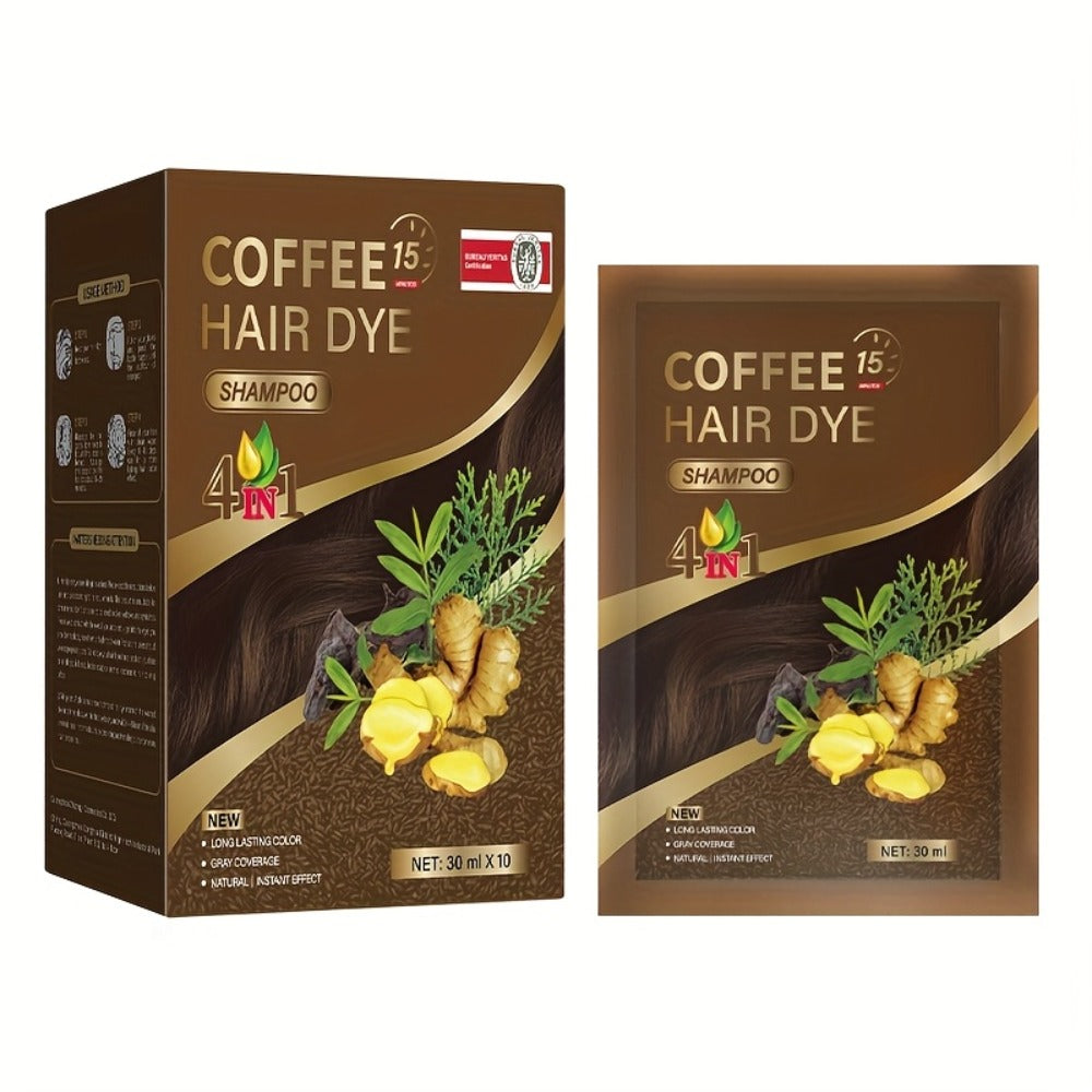Hair Dye Shampoo 3-in-1 Portable Sachets Box of 10 Packs - Natural Hair Color, Deep Cleansing, Grey Coverage, Travel-Friendly Individual Packaging for Men & Women, Black Dark Brown Chestnut Coffee