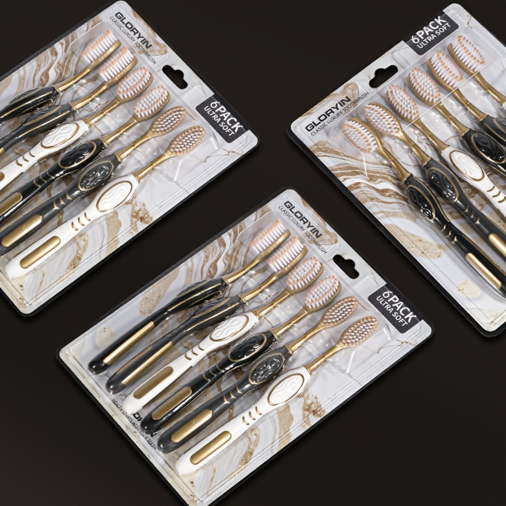 GLORYIN [6pcs Travel Set] [6pcs Travel Set X 2] White Platinum Series Olive-shaped Anti-slip Handle Travel Essential Household, Adult, Couple, Soft Bristle Toothbrush.