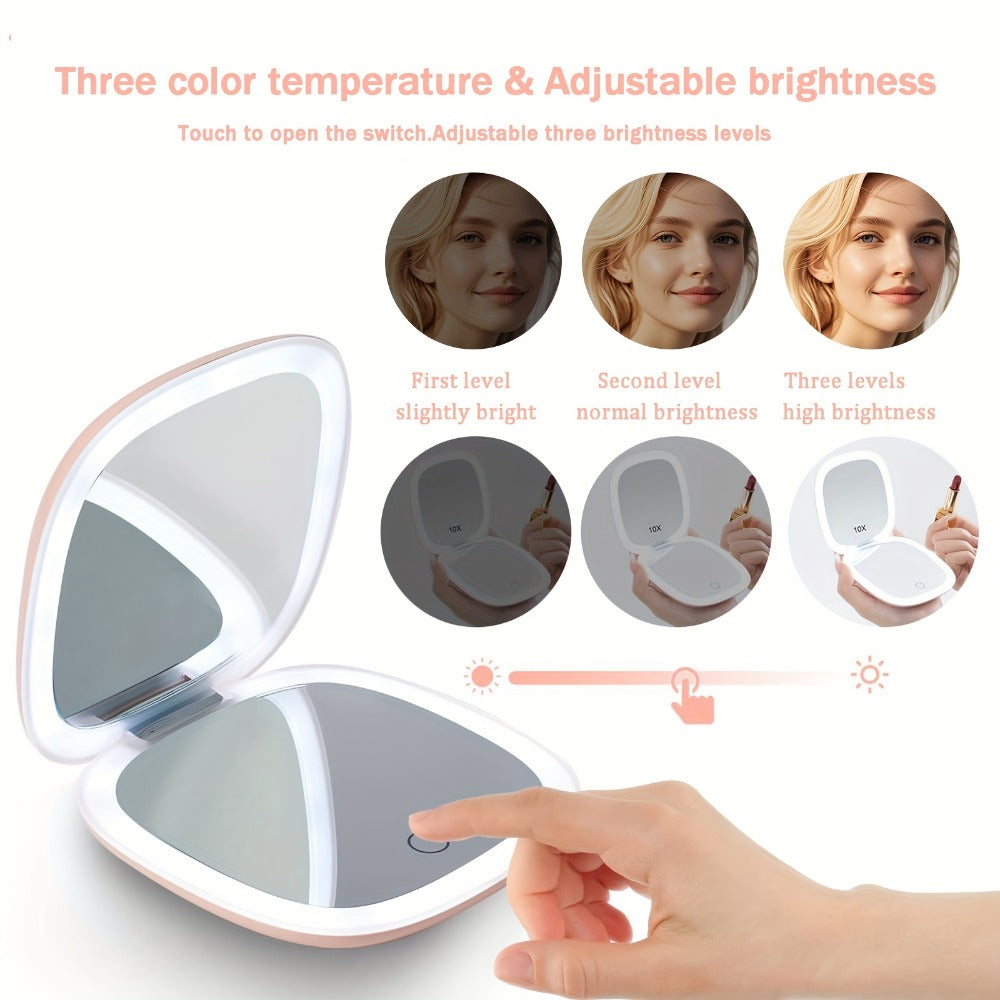 Two-Sided Magnifying Mirror with LED Lights, Featuring Three Brightness Levels, USB Charging, a Foldable And Portable Design, a Polished Plastic Frame, And an Animal Theme, Ideal for Makeup And Travel