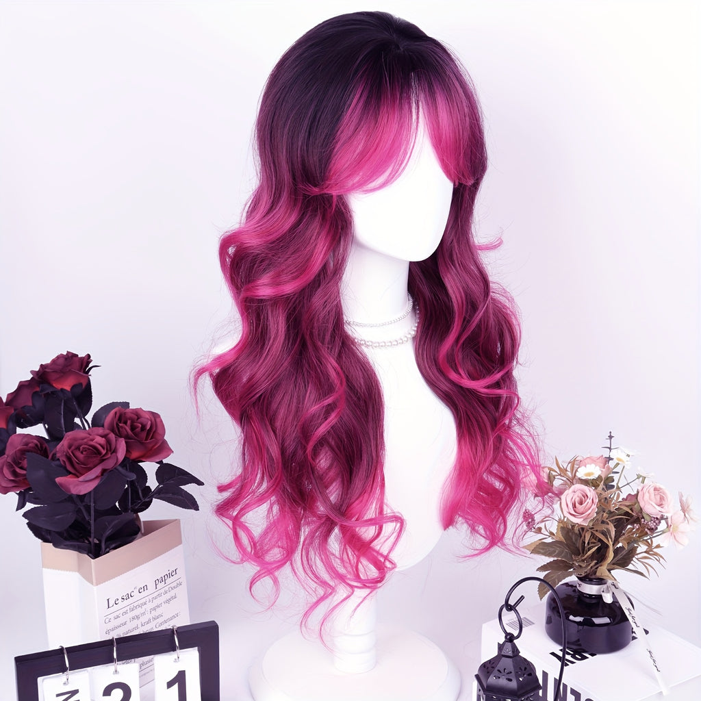 28" Heat Resistant Synthetic Hair Long Wavy Wig With Air Bangs - 150% Density Rose Net Cap For Women, Elegant Curly Wave Style For Parties, Christmas & Casual Attire, Halloween, Everyday Wig | Chic Appearance | Synthetic Hair Wig, Wig Accessories