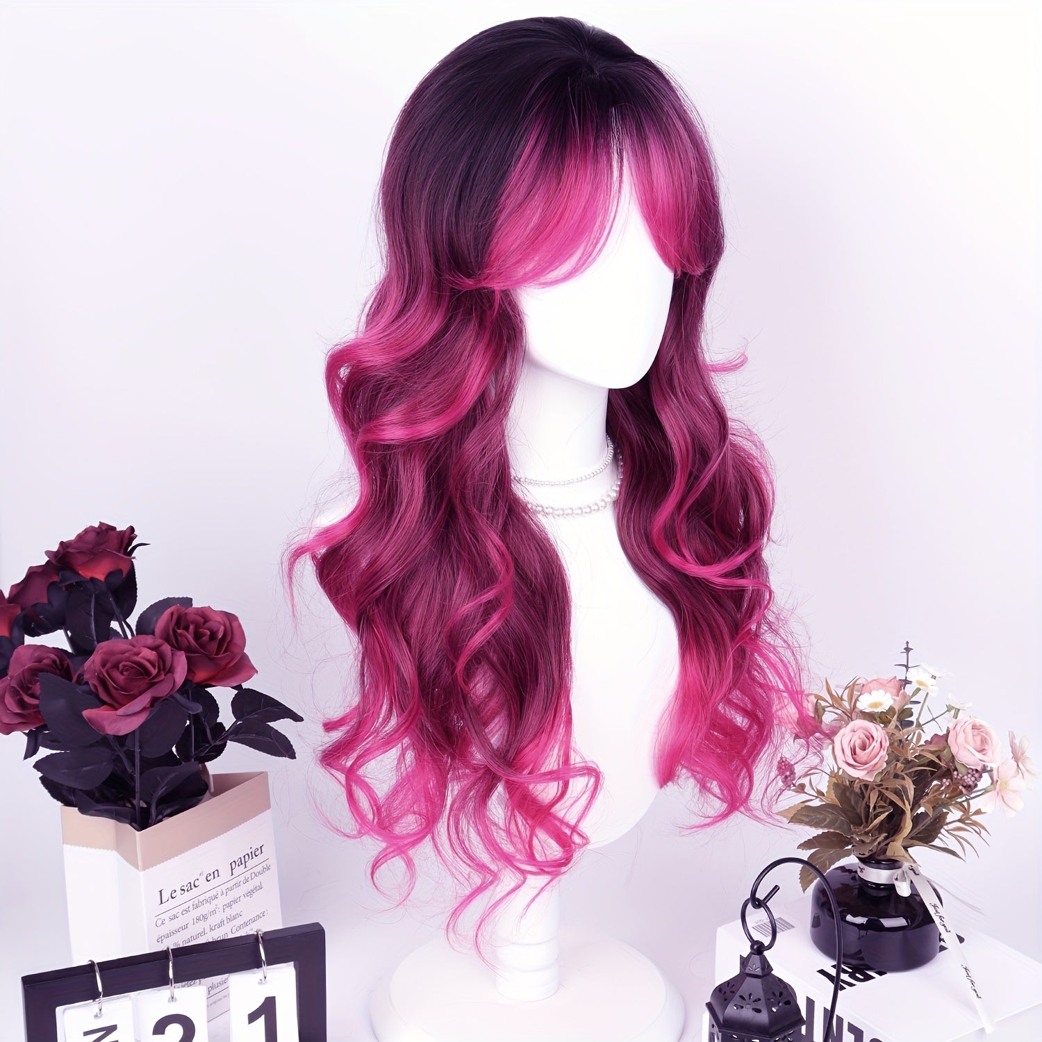 28" Heat Resistant Synthetic Hair Long Wavy Wig With Air Bangs - 150% Density Rose Net Cap For Women, Elegant Curly Wave Style For Parties, Christmas & Casual Attire, Halloween, Everyday Wig | Chic Appearance | Synthetic Hair Wig, Wig Accessories