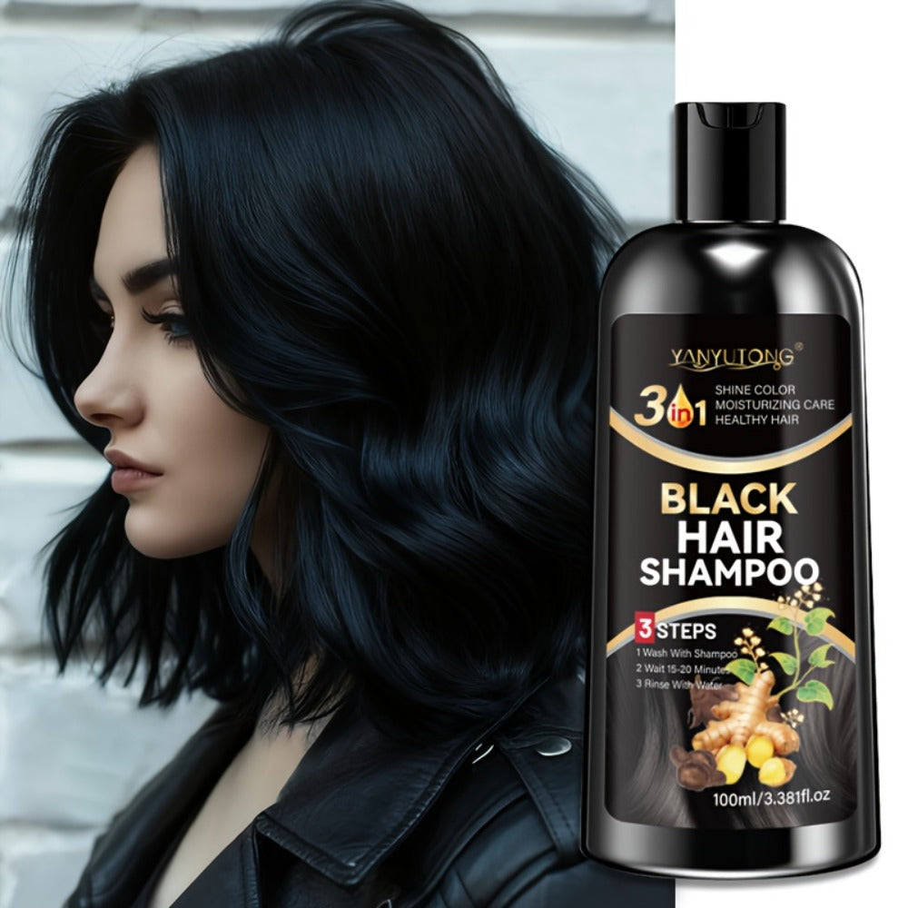 Black Hair Dye Shampoo with Polygonum Multiflorum & Ginger Extract — Instant Gray Coverage, Gentle Non-Damaging Plant-Based Formula, Long-Lasting Color, Unisex, 3.38 oz / 100ml