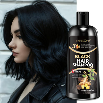Black Hair Dye Shampoo with Polygonum Multiflorum & Ginger Extract — Instant Gray Coverage, Gentle Non-Damaging Plant-Based Formula, Long-Lasting Color, Unisex, 3.38 oz / 100ml