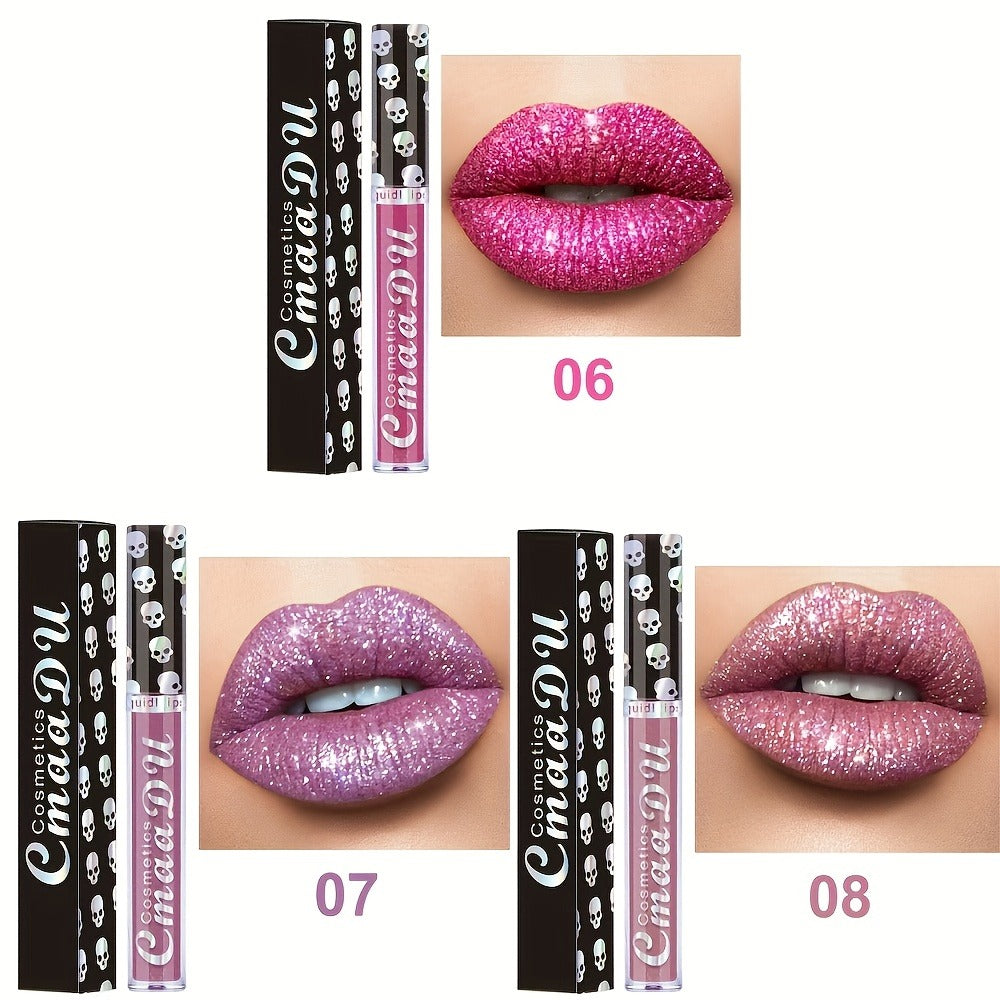 Shimmer Lip Gloss Set 3pcs Skull Design Long Lasting Liquid Lipstick Easy to Remove - Shiny Glitter Lip Color for Music Festival Rave Party Gift for Women