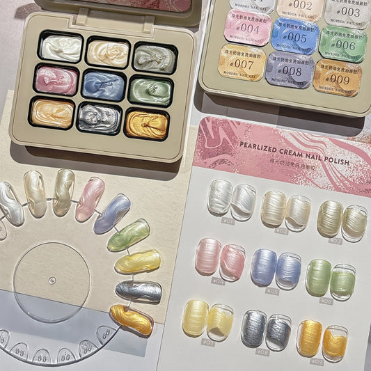 Pearlescent Nail Gel 9-Grid Shell Shimmer Mother of Pearl Cream Oil Painting Gel Polish Set – Multicolor Glitter Iridescent Spiral Design for Salon & DIY Nail Art, Gift for Women & Girls