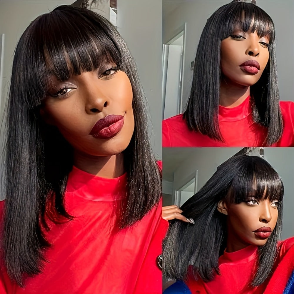 Human Hair Wig with Bangs 250% Density Straight Wig for Women Full Machine Made Wig Natural Black Rose Net Cap Daily Wear Party Festival 10-18 Inch