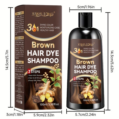 Brown Hair Dye Shampoo 2-Pack 3.38oz — Polygonum Multiflorum & Ginger Extract, Covers Gray Hair, Deep Moisture Anti-Frizz Long-Lasting Color