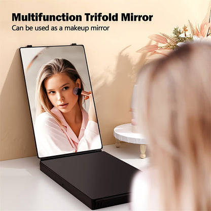 3 Way Mirror for Hair Cutting with LED Light - 360° View Adjustable Height Trifold Barber Mirror, Door Hang Wall Mount or Tabletop, USB Rechargeable, Anti-Fog HD Glass, Black