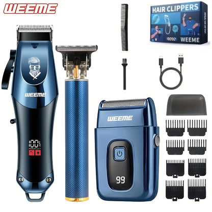 Hair Clipper Gift Set for Men — WEEME USB Rechargeable Kit with Electric Razor, T-Blade Trimmer & 8 Limit Combs, 2/3-Piece Set in Golden, Blue & Black, Valentine’s Day & Birthday Gift