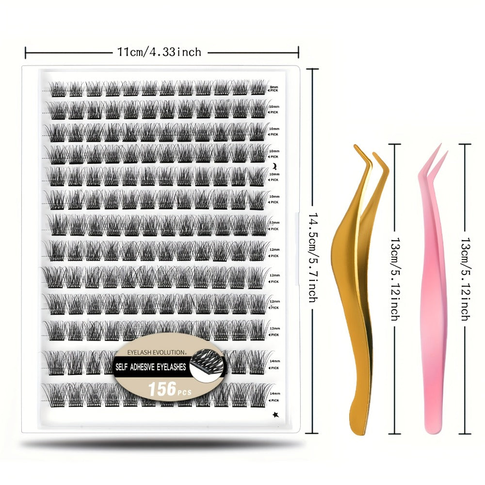 156pcs Self Adhesive Eyelashes Clusters Kit with 2 Tweezers Lash Clusters DIY Eyelashes Pre Glued Reusable No Glue Needed No Remover No Residue