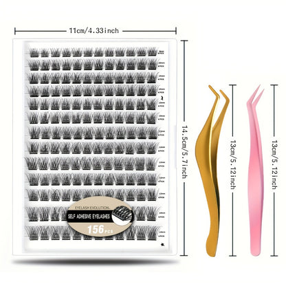 Self Adhesive Lash Clusters Kit 156 Pcs — Pre-Glued DIY Eyelashes with 2 Tweezers, Reusable No-Glue Cluster Lashes, No Remover No Residue, Natural Look False Eyelash Extension Kit