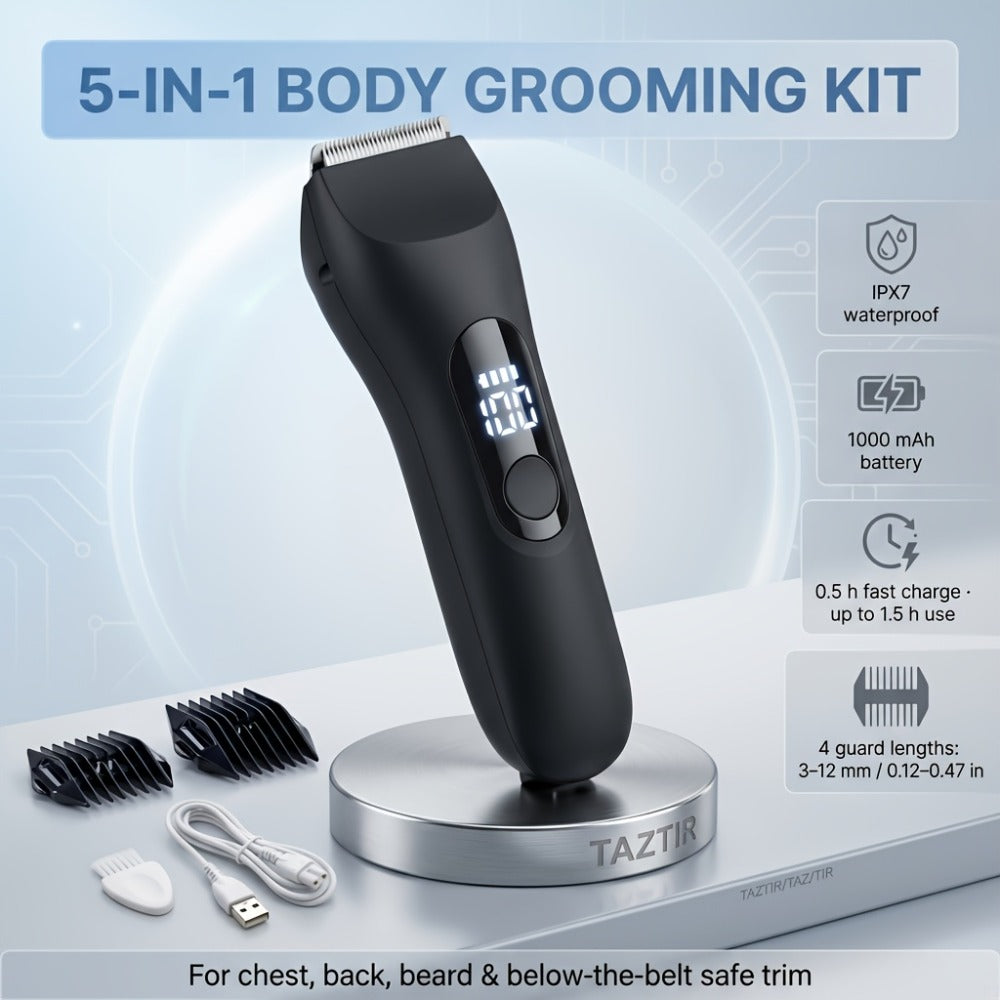 [5-in-1] TAZTIR Men's Beard Trimmer and Full Body Grooming Kit, IP67 Waterproof Electric Razor, Suitable for Facial Beard, Chest Hair, and Private Areas, USB Rechargeable Hair Clipper, LED Display, Skin-Friendly Ceramic Blades Gift Box Set