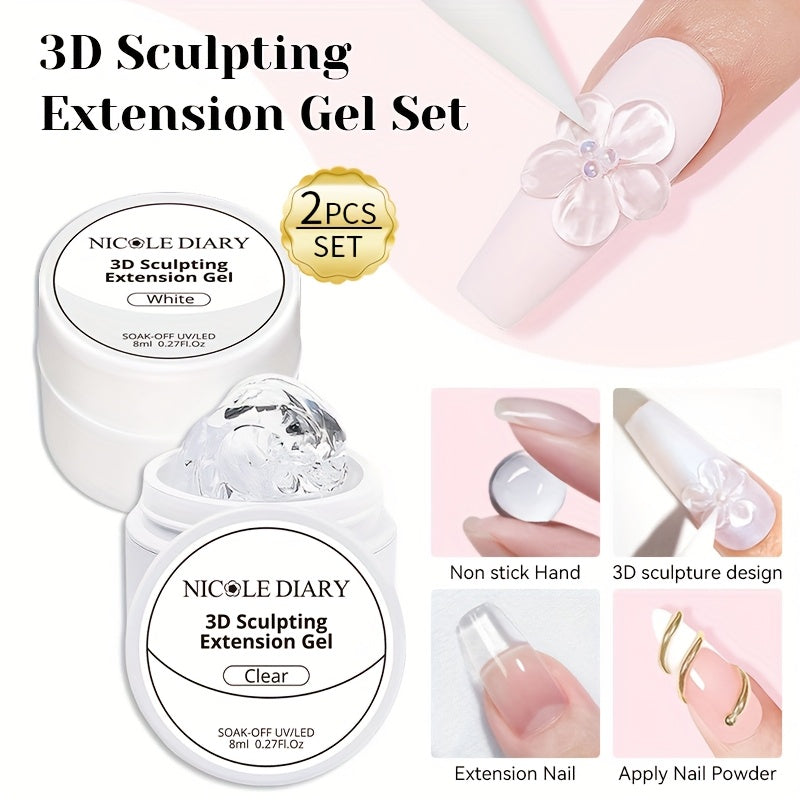NICOLE DIARY 2pcs/3pcs 3D Carving Nail Gel Polish with Carving Pen White Clear 3D Sculpting Flower Gel Extension Gel Nail Nail Art Carving Gel Modeling Gel Nail Polish Manicure Nail Salon Home Use
