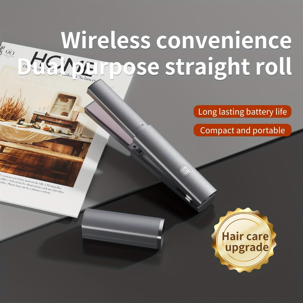 Cordless Hair Straightener & Curler 2-in-1 — Wireless Charging 2600mAh, Ceramic Negative Ion Portable Styling Tool for Travel, Heat-Resistant, Gift for Women — Grey & Purple