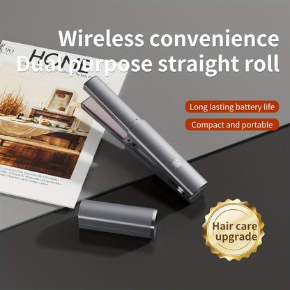 Cordless Hair Straightener & Curler 2-in-1 — Wireless Charging 2600mAh, Ceramic Negative Ion Portable Styling Tool for Travel, Heat-Resistant, Gift for Women — Grey & Purple