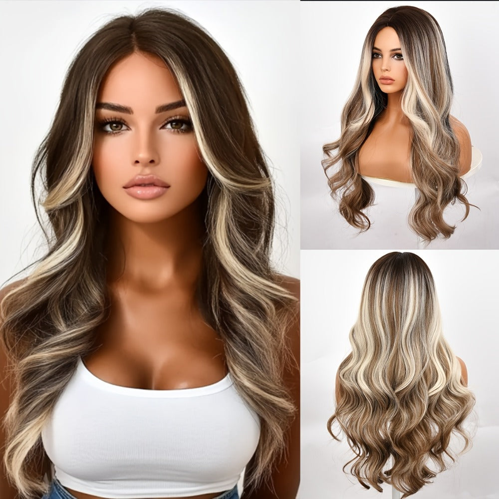Water Wave Wig Synthetic Long Curly Wig for Women 30 Inch Middle Part Brown Highlights Loose Wave Rose Net Cap Beginner Friendly Natural Look Daily Wear