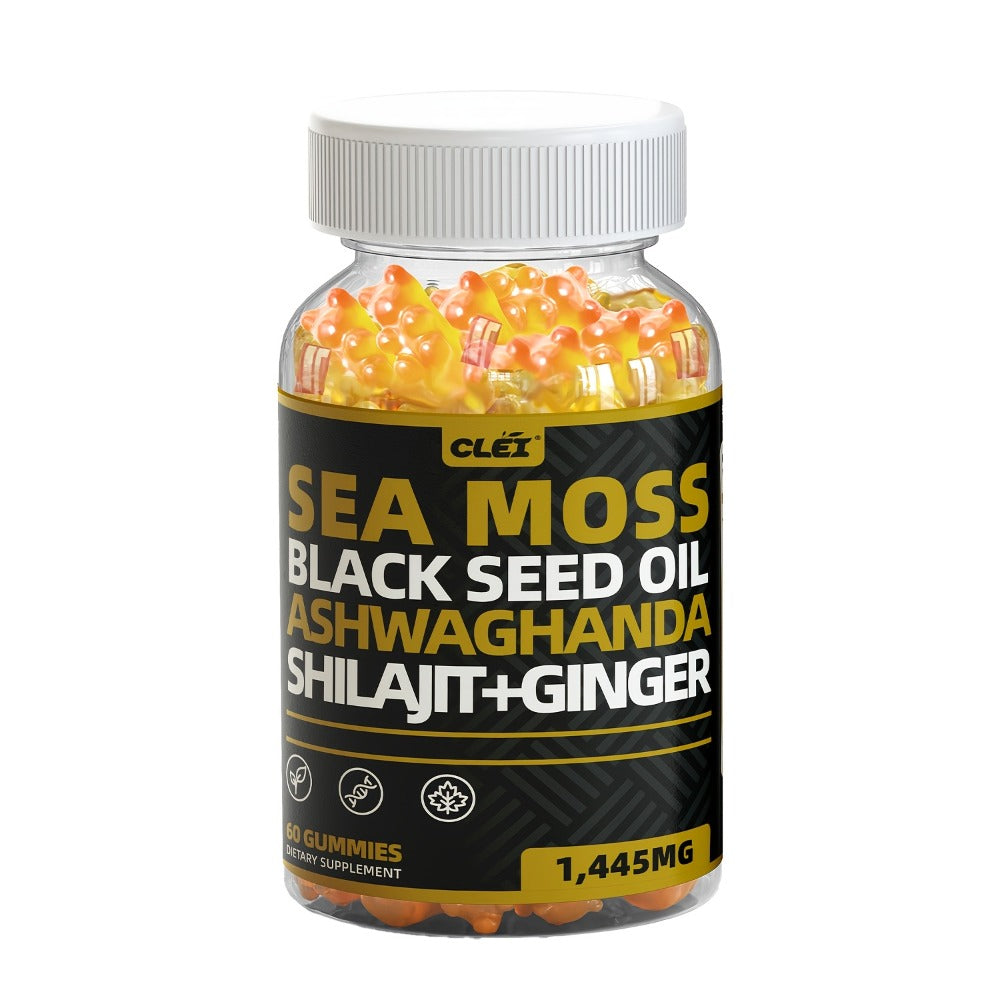 Sea Moss, Black Seed Oil, Ashwagandha, Ginger, Shila Gummies with Elderberry, Chlorophyll, Turmeric, Bladderwrack 1445mg, 60 Gummies | 1/2/3 Bottle