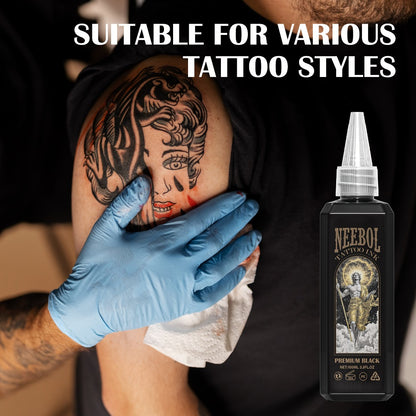 Black Tattoo Ink 3.38oz - Neebol Premium Super Dark Black Tattoo Ink for Outlining Shading & Blending Long Lasting Vibrant Body Art Ink for Tattoo Artists & Beginners