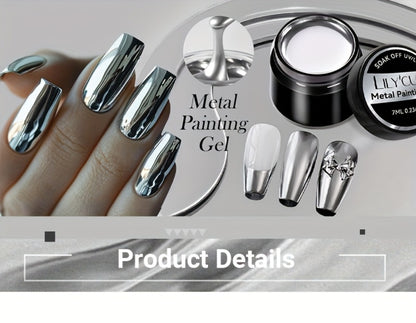 Nail Art Painting Gel Metal Effect 0.24oz with Brush Soak Off UV LED Mirror Metallic Silver Line Drawing Gel Polish for Flower Nail Art DIY Home Salon Manicure