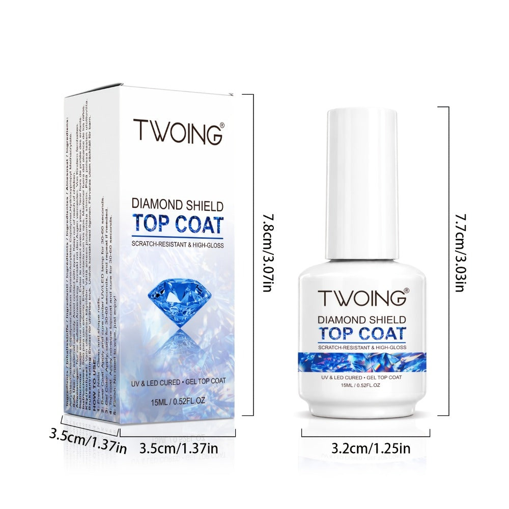 No-Wipe Gel Top Coat 2-Pack Diamond Shine High Gloss — LED Soak-Off Nail Sealer, Long-Lasting Scratch-Resistant Crystal Clear Finish for Salon & Home Manicure, Nail Art Sealer for Glitter & Foils (0.51oz Each)