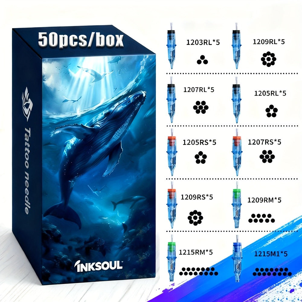 50pcs/set Blue Whale tattoo ink cartridge needles, ten different models, disposable mixed size tattoo needles, standard circular inner liner made of high-quality materials, suitable for tattoo artists and beginners in human art design tattoo products