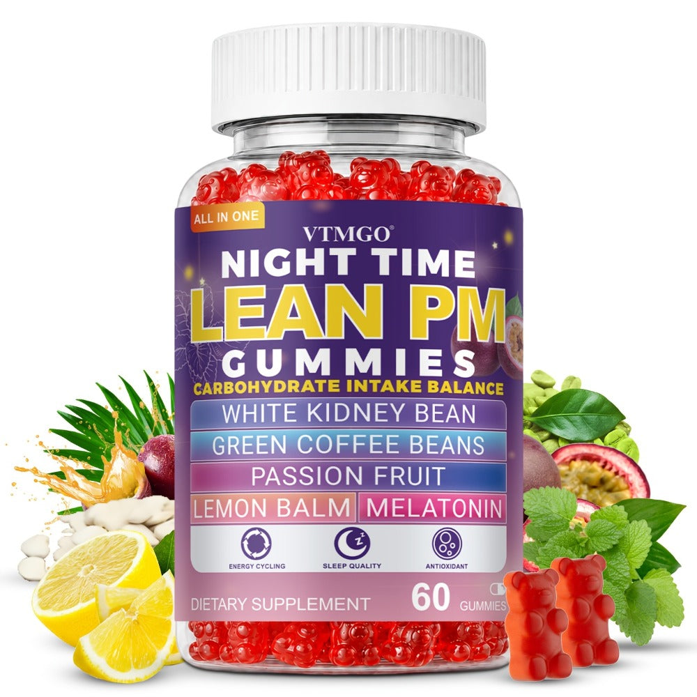 NIGHT TIME LEAN PM GUMMIES: White Kidney Beans, Green Coffee, Lemon Balm, Melatonin, Passionflower - Nature's Source Of Quiet Balance. Night Quietly Becomes The Starting Point for Health, Balance And Change.(60).(1/4/5 Bottles).Family & Holiday Gifts