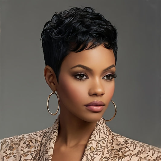 Synthetic Wavy Wigs for Women Featuring a Short Pixie Cut in Various Colors Like Black, Brown, And Red, Complete with Bangs