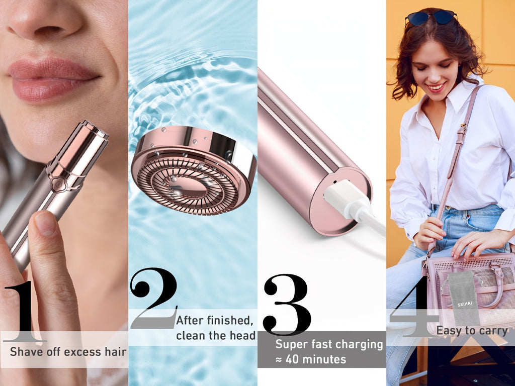 Women's Electric Facial Shaver - USB Rechargeable Hair Remover, Multi-Purpose Epilator for Bikini, Face, Legs, Arms, Underarms - Portable Hair Trimmer, Female Body Shaver, Suitable for Travel, Includes Velvet Storage Pouch + 2 Replacement Heads