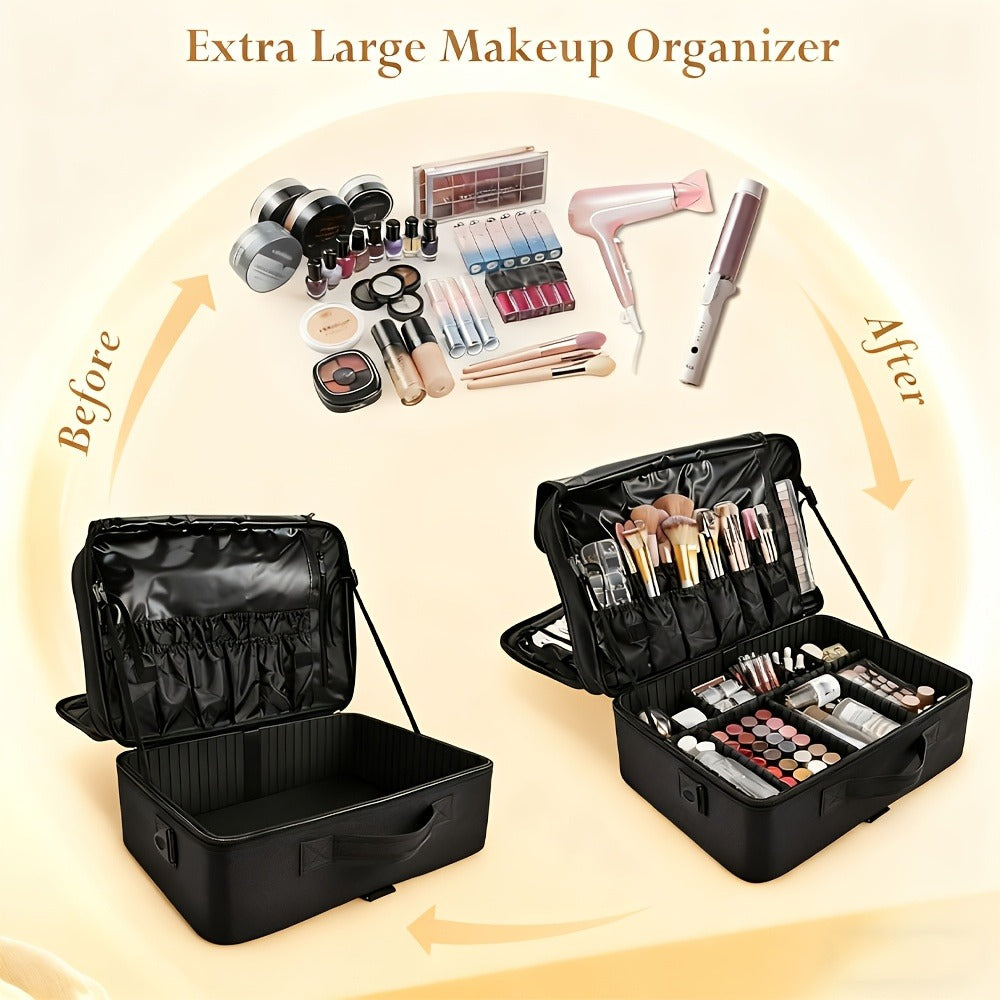 Makeup Case, Professional Train Case Large Makeup Bag, Travel Cosmetic Organizer Brush Holder Makeup Artist Storage Box, for Cosmetics Makeup Brushes Toiletry Jewelry Digital Accessories, 15.8 Inches, with Adjustable Dividers and Shoulder Strap