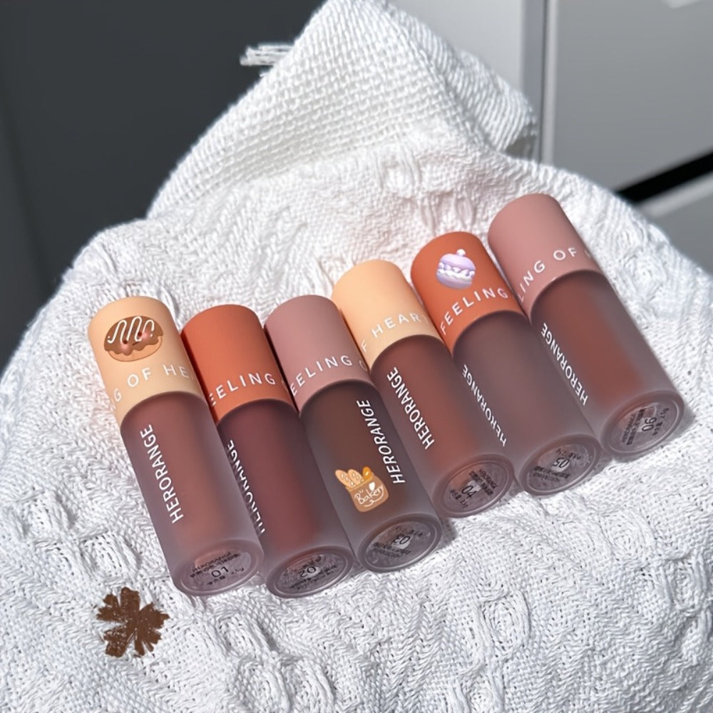 Matte Liquid Lipstick & Eyeshadow 2-in-1 Set 6PCS Velvet Chocolate Nude Brown Long-Lasting Waterproof Anti-Smudge Lip Glaze for Daily Party Stage Makeup